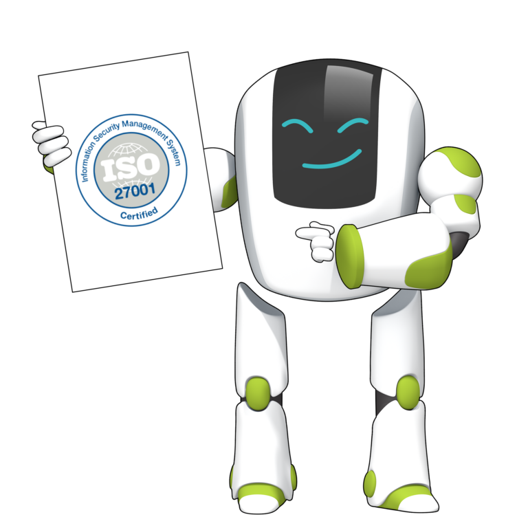 Vault-E Robot holding a sign with an ISO 27001 certificate